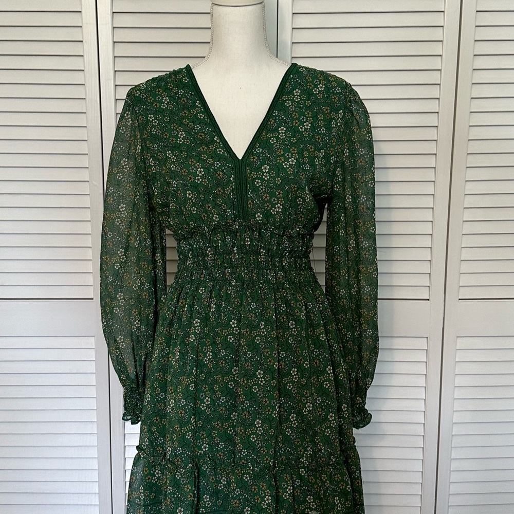 Max Studio Forest Green Floral V-Neck Long Sleeve Maxi Dress